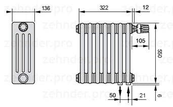 Схема (чертеж) Радиатор Zehnder Charleston 4055/7 №V002 Белый глянцевый RAL 9016